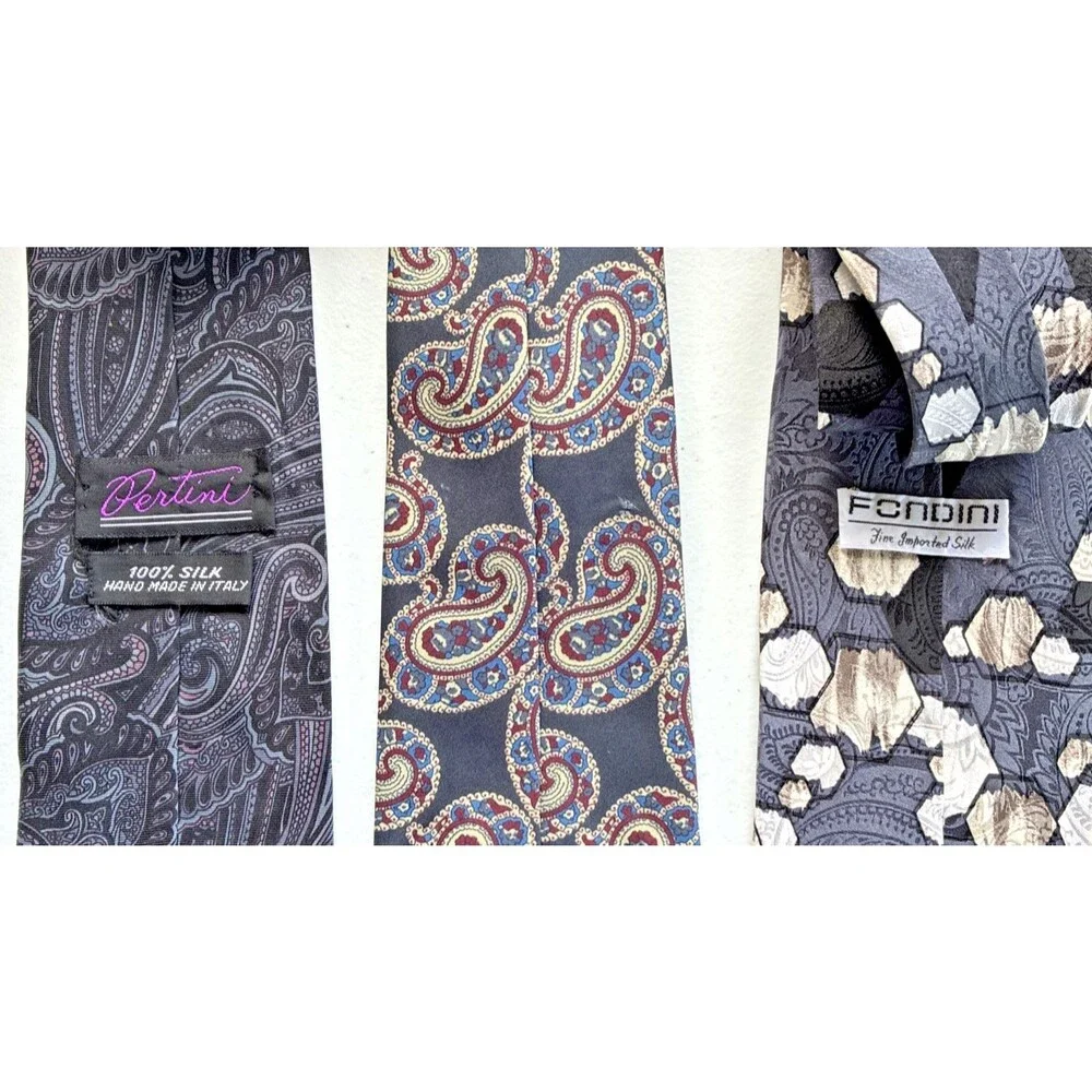 3-Tie Bundle • Bold Retro Paisley & Geometric Prints • “100% Silk” Labels